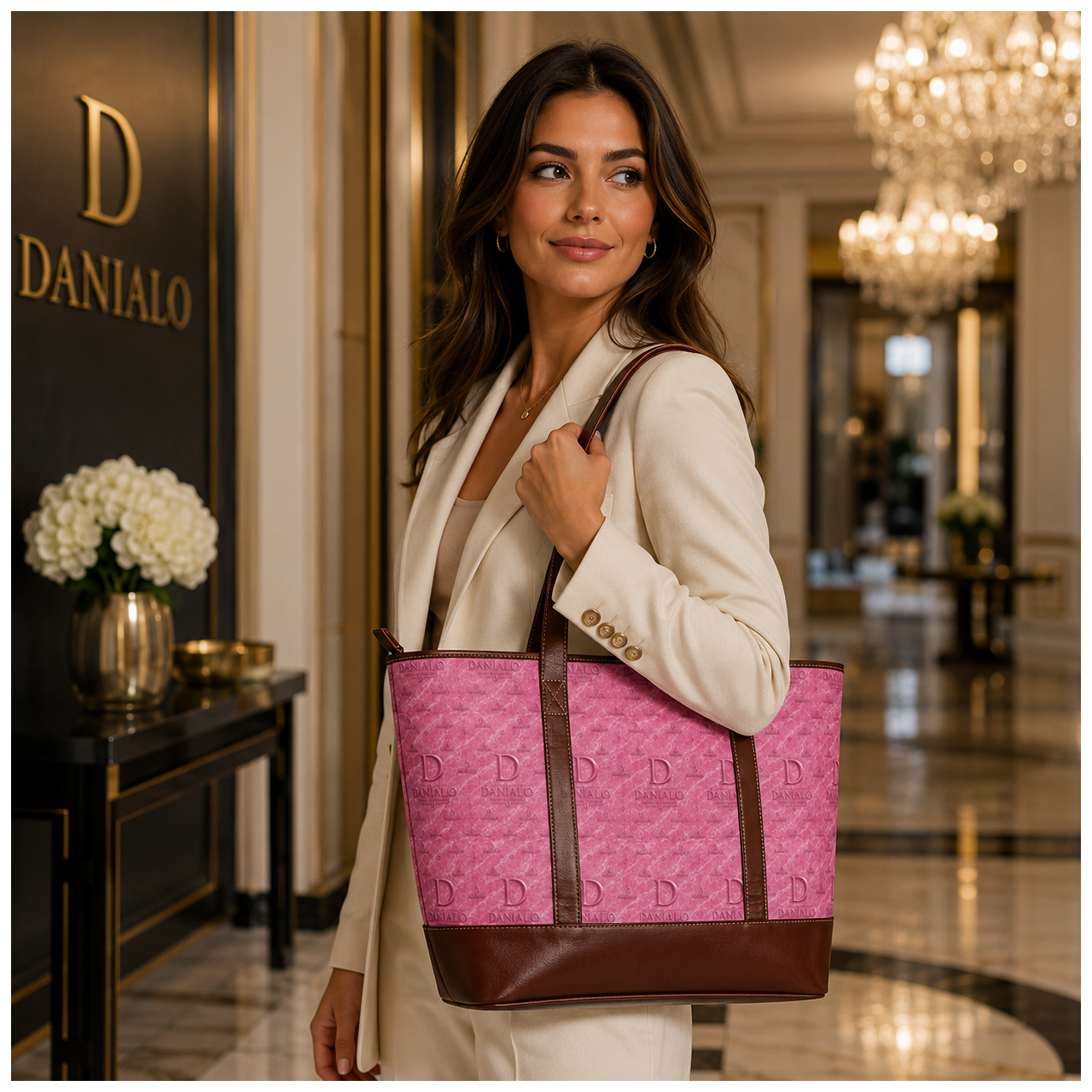 Danialo Pink Quilted Monogram Pattern Handbag | Brown Leather Trim