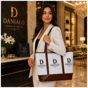 Danialo Black & White Quilted Monogram Pattern Handbag | Brown Leather Trim