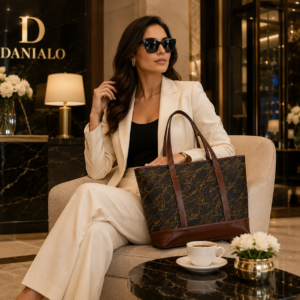 Danialo Brown Quilted Monogram Pattern Handbag | Brown Leather Trim