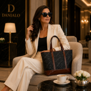 Danialo Black Quilted Monogram Pattern Handbag | Brown Leather Trim