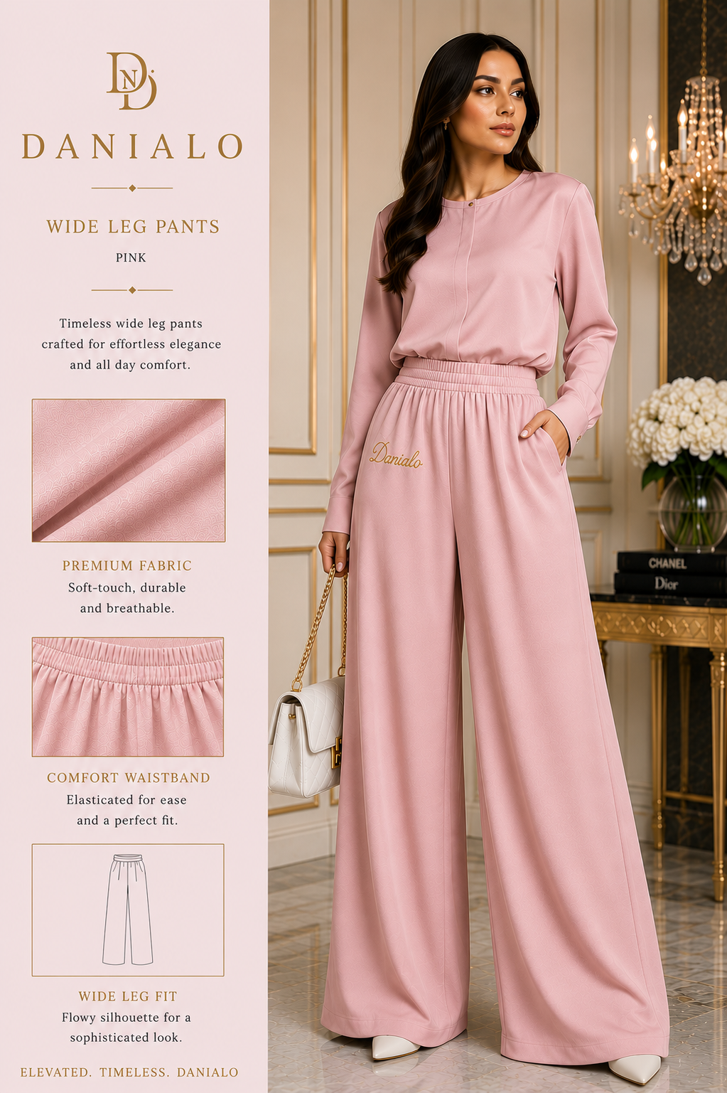 Danialo Luxurio Women's Pink Wide-Leg Pants