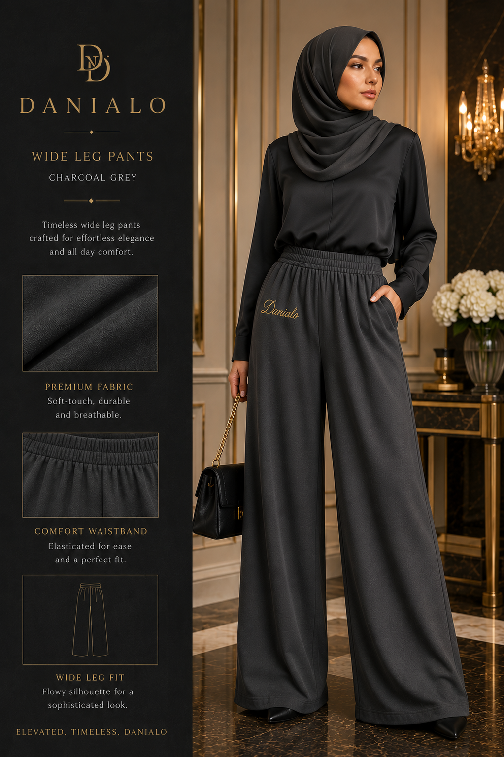 Danialo Luxurio Women's Grey Wide-Leg Pants