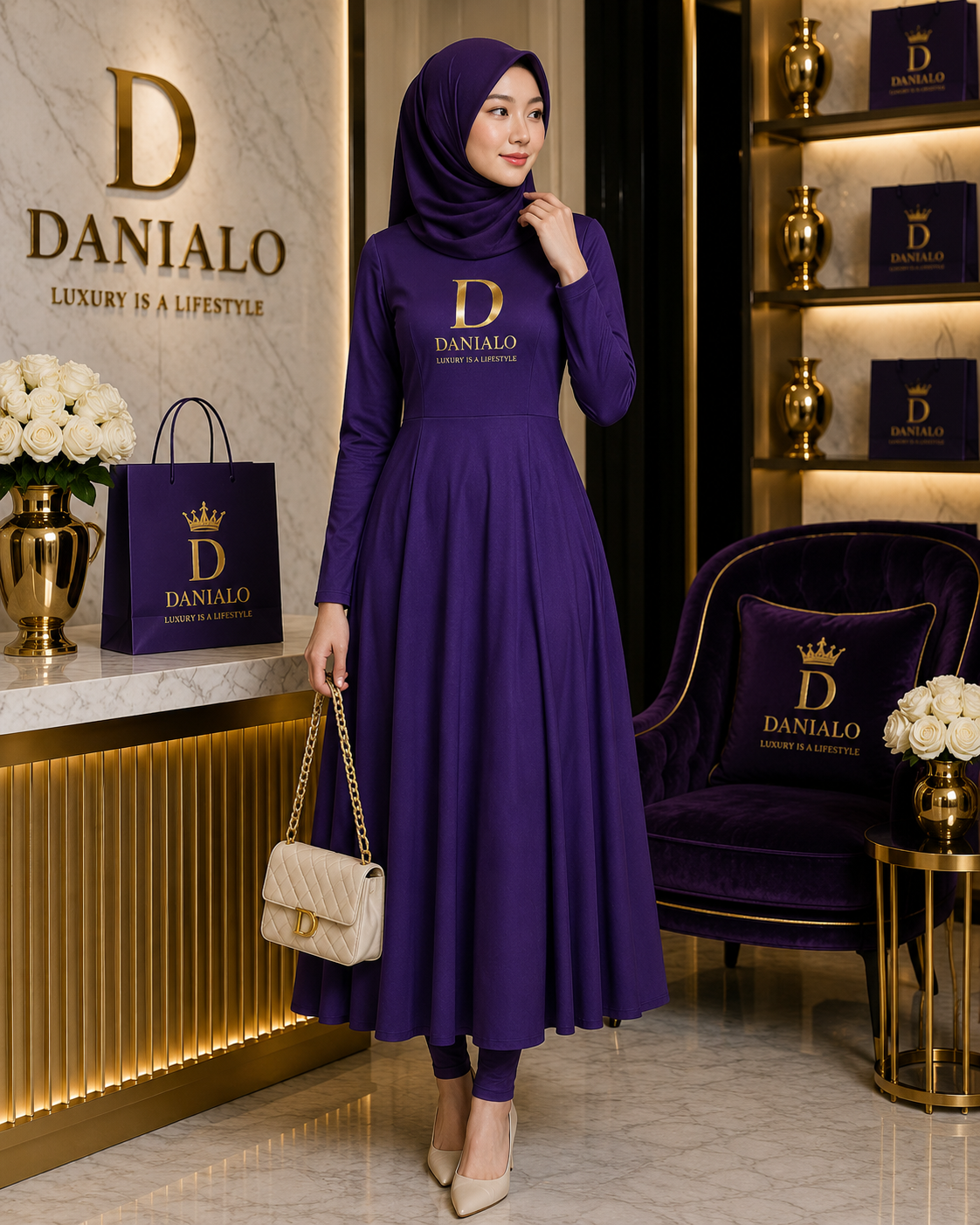 Danialo Luxurio Women's Long Sleeve Midi Dress