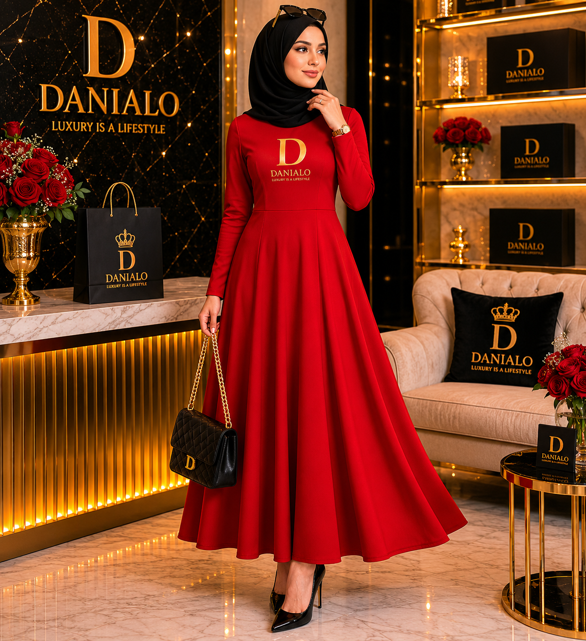 Danialo Luxurio Women's Long Sleeve Midi Dress