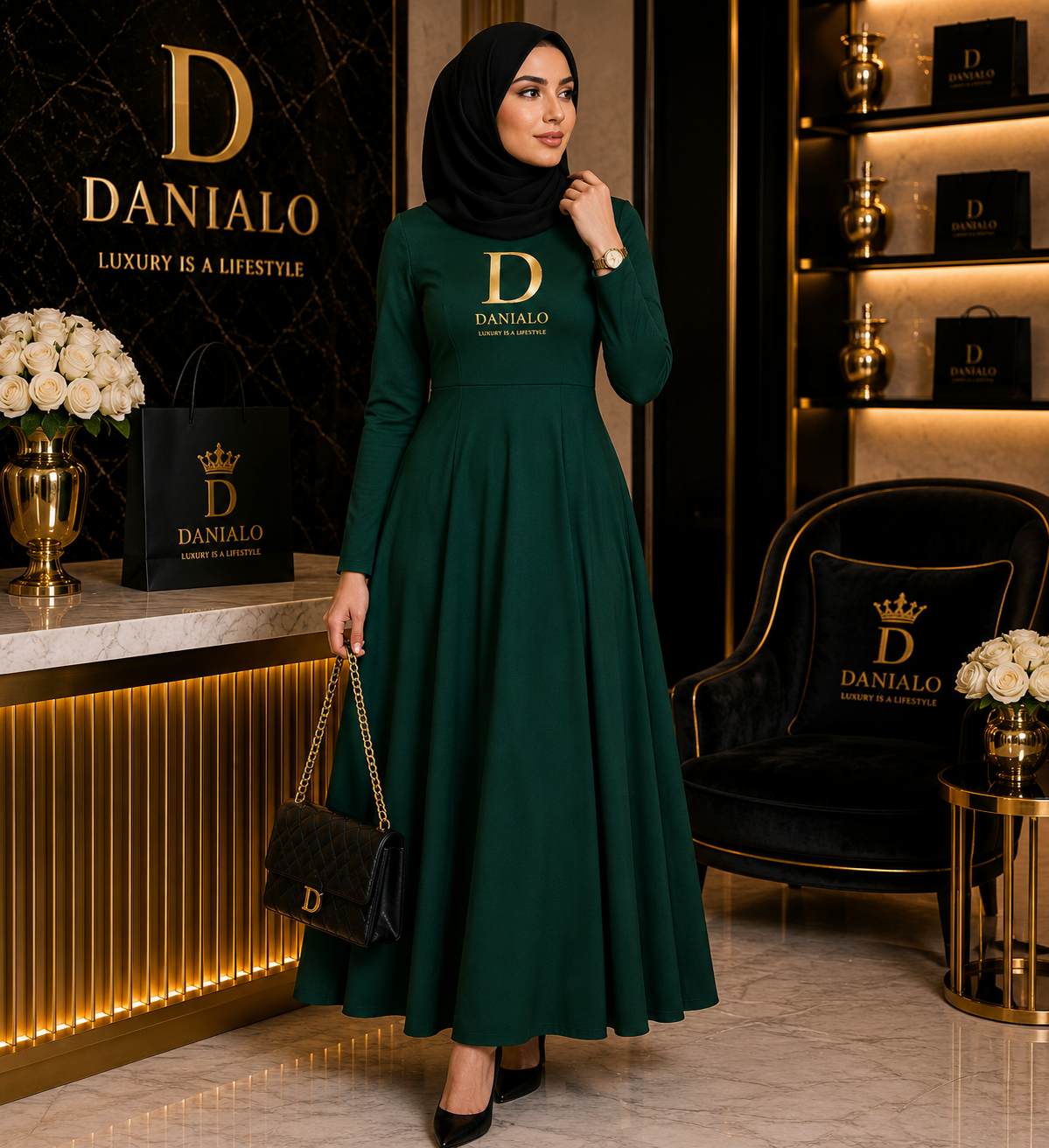 Danialo Luxurio Women's Long Sleeve Midi Dress