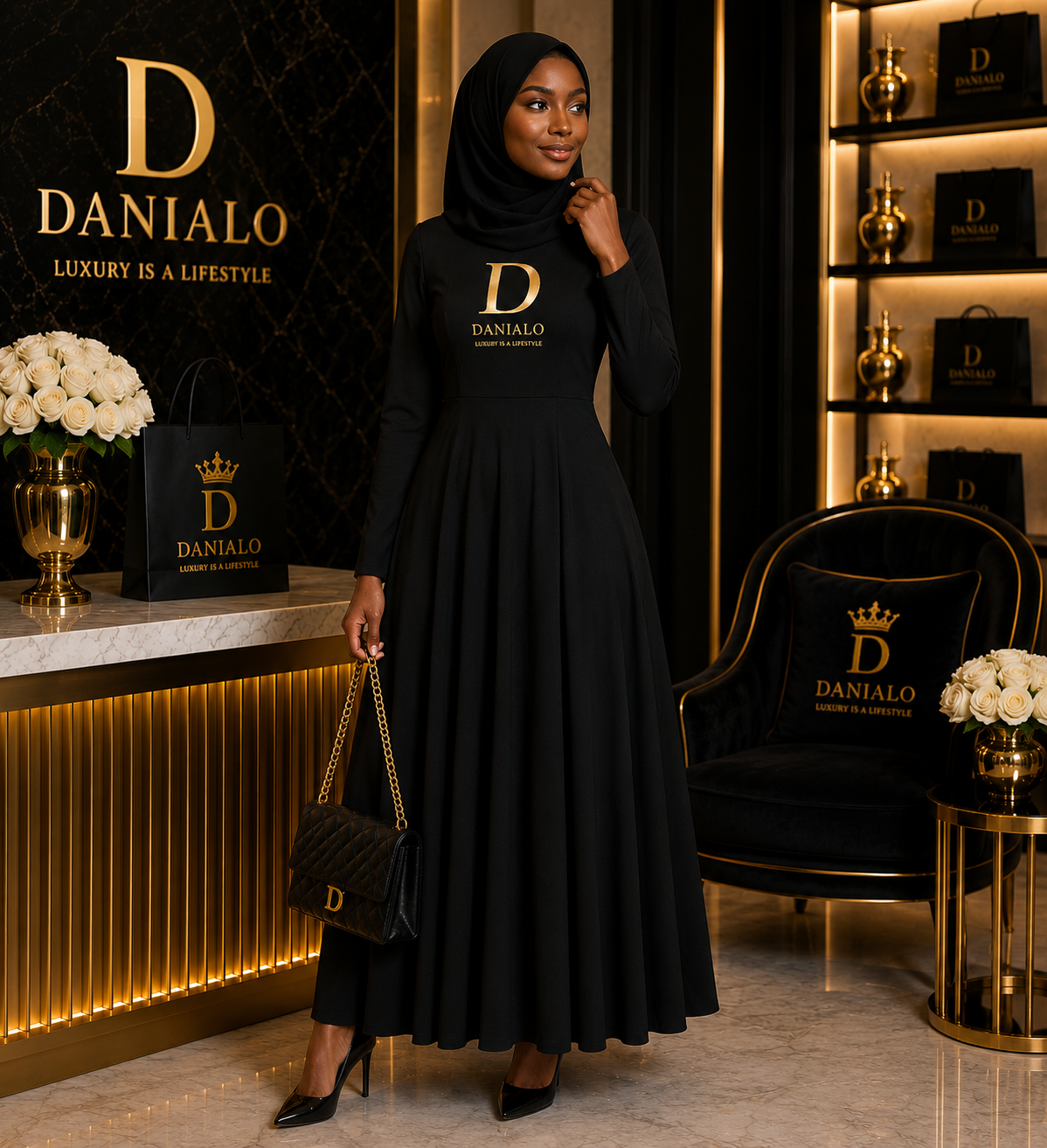Danialo Luxurio Women's Long Sleeve Midi Dress