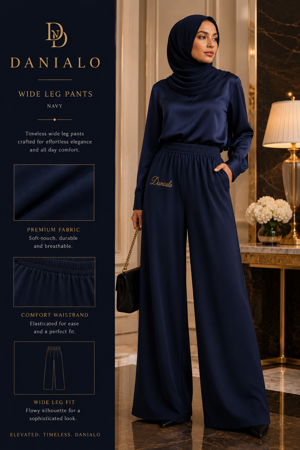 Danialo Luxurio Women's Navy Blue Wide-Leg Pants